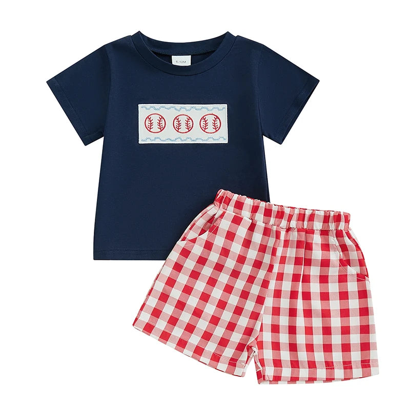 Boys 2-Piece Outfit Set with Embroidered Baseball Tee and Plaid Shorts Elastic Waistband Short Sleeve Top