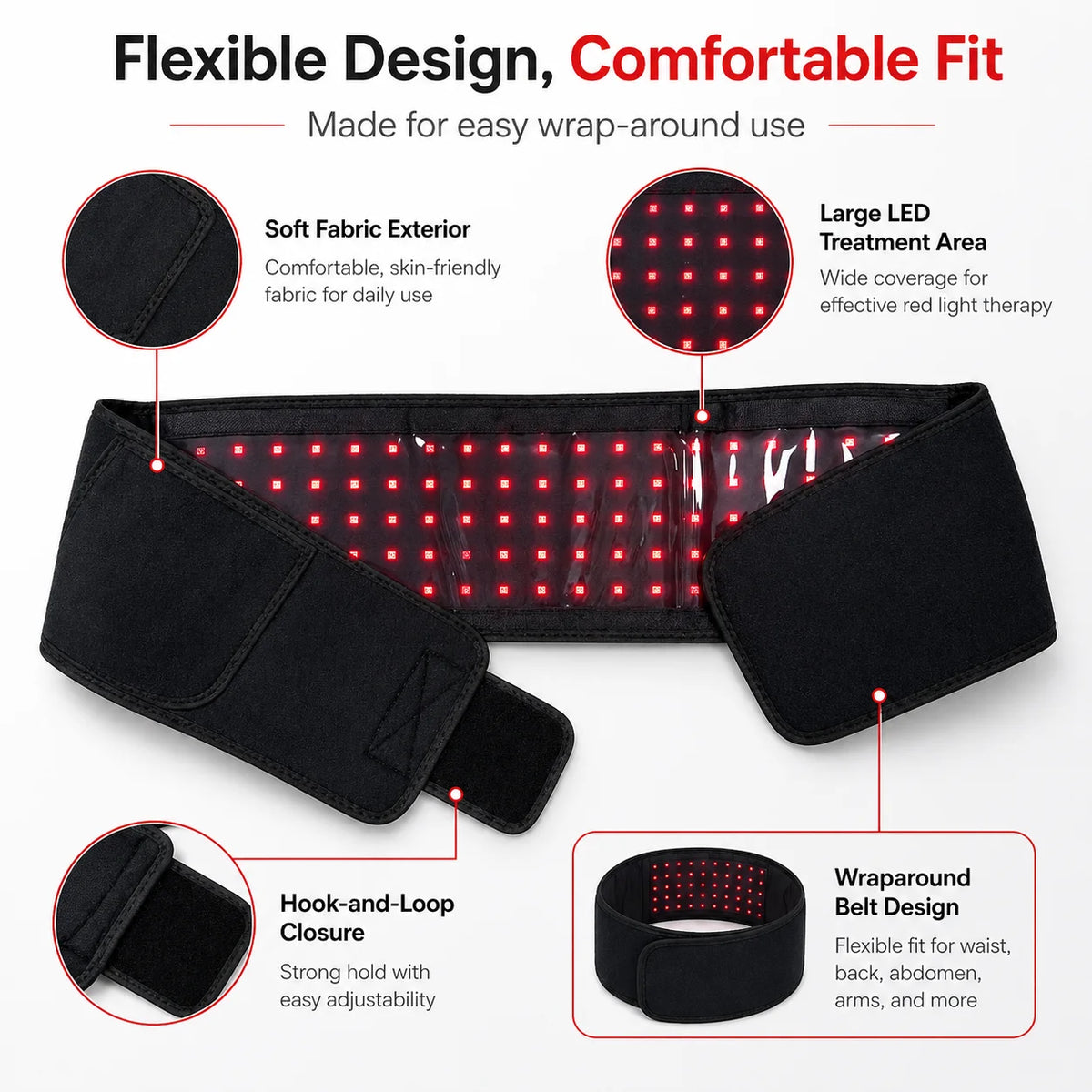 Red Light Belt 660nm 850nm Near Infrared Light Therapy Wrap for Body, Relaxing Muscle, Inflammation, Improve Circulation