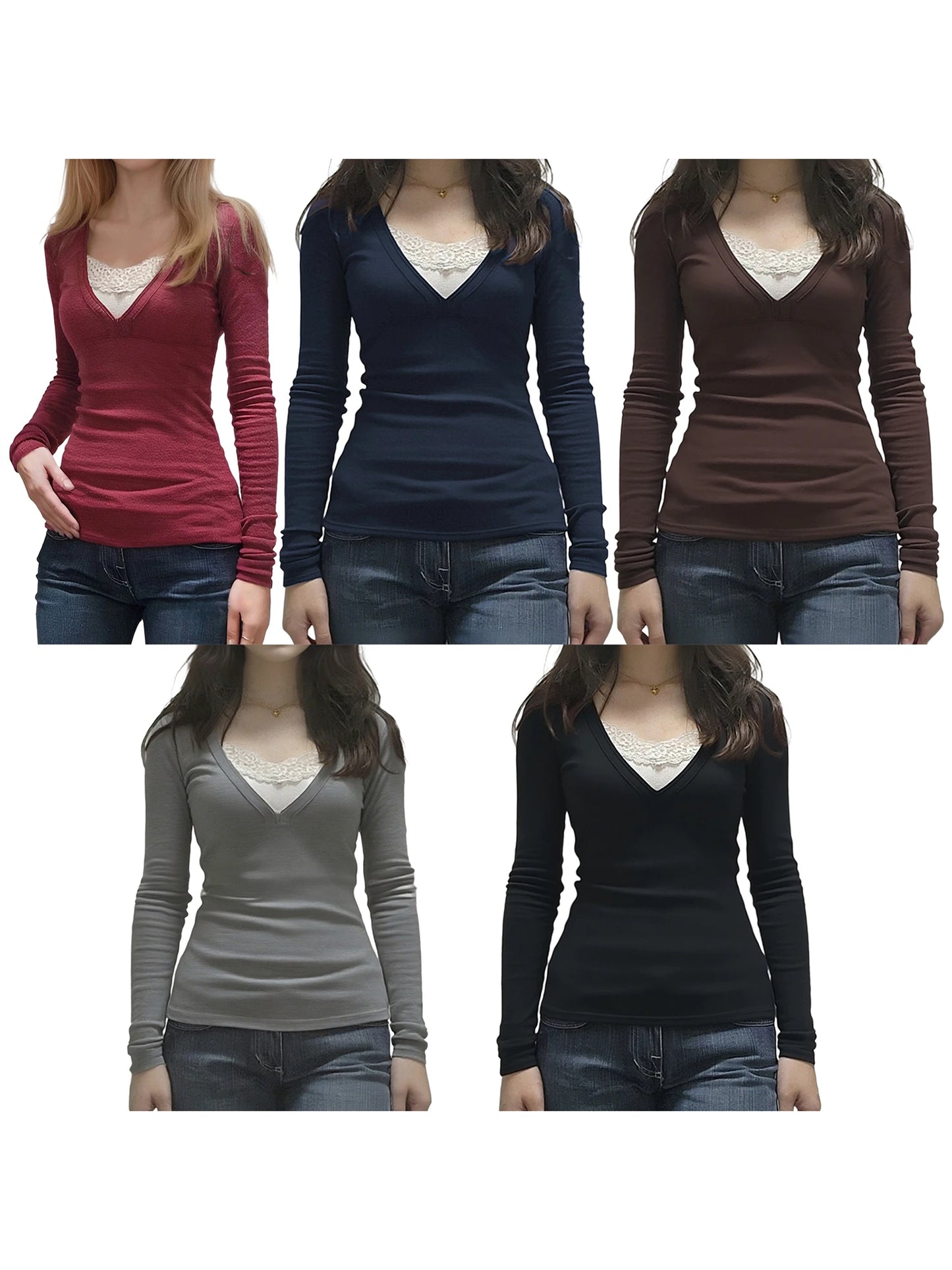 Women s Stylish V Neck Lace Patchwork  Fit Long Sleeve Pullover Top for Fall Fashion Statement