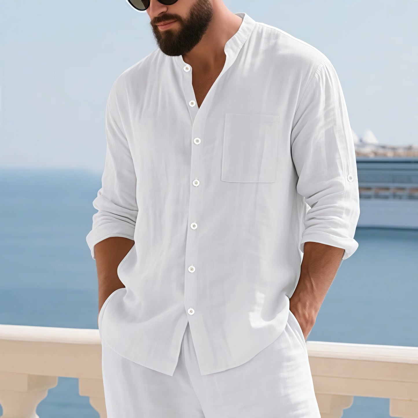 Men Linen Button Down Shirt With Mandarin Collar Long Sleeve Chest Pocket