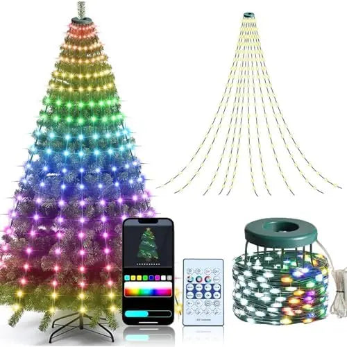 1.8CM/2.1CM RGB Christmas Tree Waterfall Lights With Star Topper,APP Remote Control LED String Lights Multicolor Fairy Light Indoor Outdoor