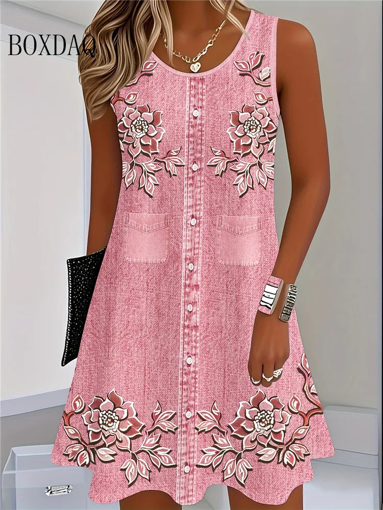 Women Bohemian Floral Print Summer Dress Sleeveless Knit
