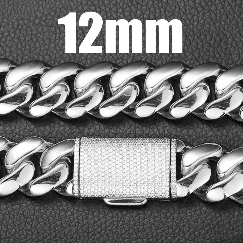 8/10/12/14mm  Solid Stainless Steel Cuban Miami Link Chain Necklaces for Men Hip Hop Bling Iced out Rapper Jewelry
