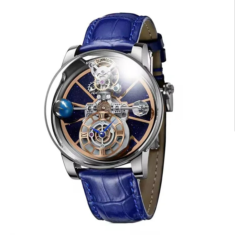 PINDU Transparent Hollow Celestial Roulette Quartz Leather Mens Watch