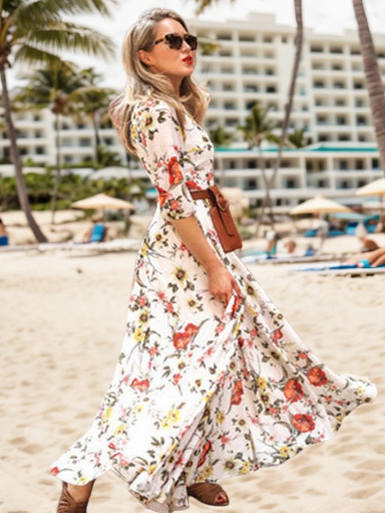 Elegant Floral Print Women's Dress With Half-Sleeve Vacation Beachwear