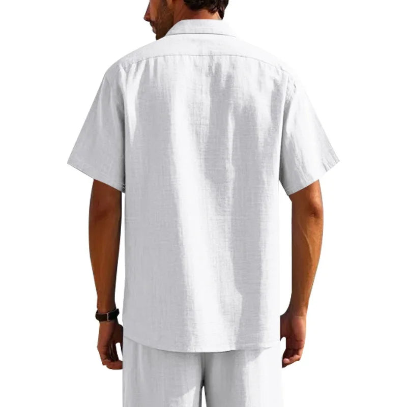 Men Slim Fit White Linen Short Sleeve Shirt Point Collar Chest Pocket Full Button Down Lightweight Textured Breathable Summer Business Casual Top