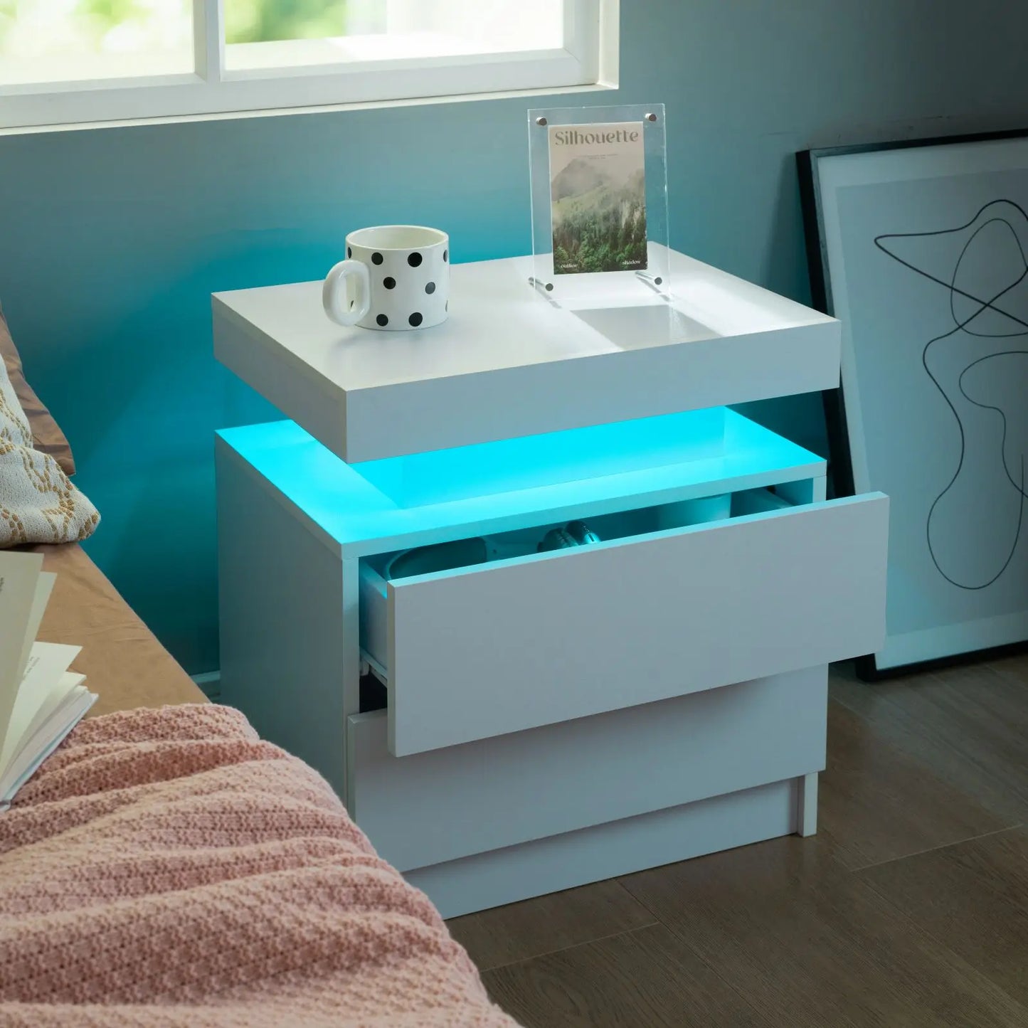 Cubehom Nightstand Set of 2 With LED Drawers Modern Bedside