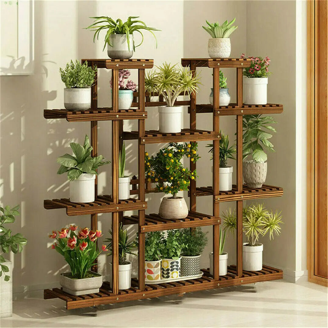 11 Tier Wood Plant Stand Carbonized Pot Display Shelf For Indoor Outdoor Decor