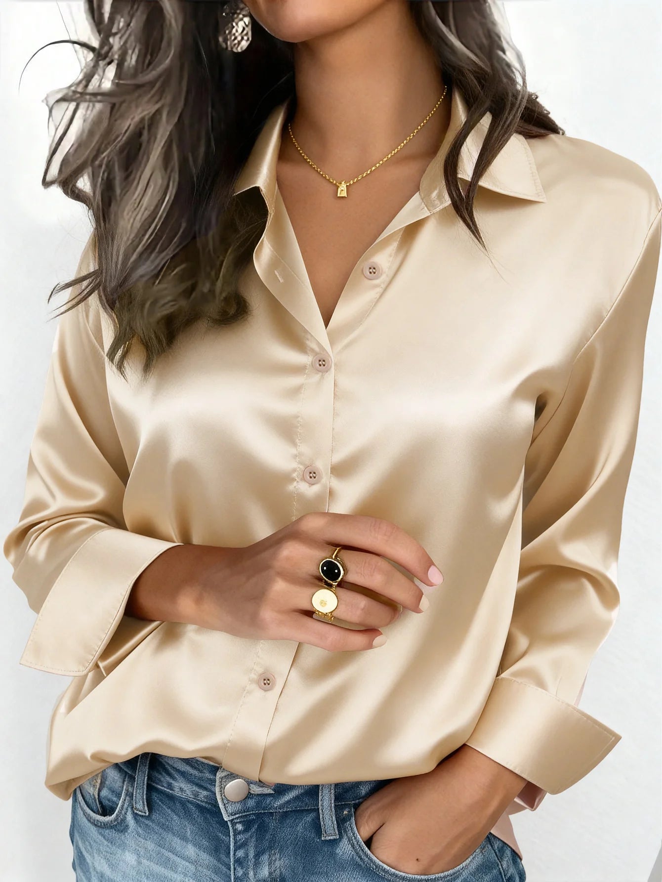 Womens Satin Button Up Blouse Office Or Casual Wear
