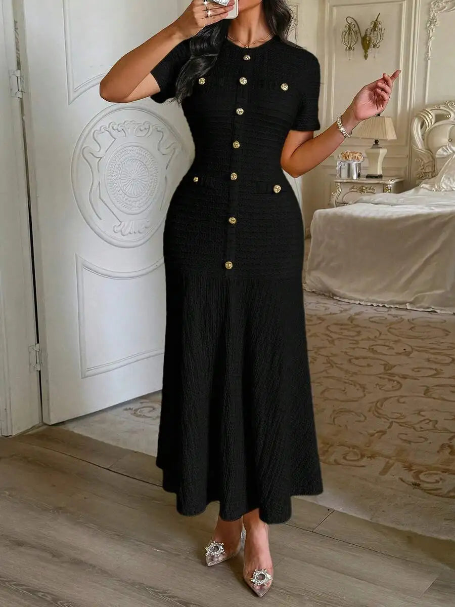 Textured Knit Dress With Front Buttons And Faux Pockets