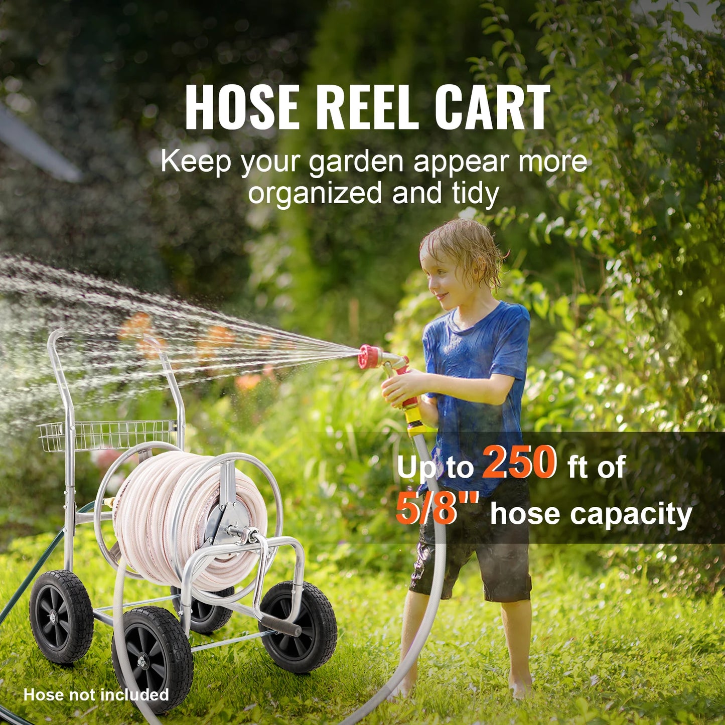 SucceBuy Hose Reel Cart 250ft Heavy Duty Garden Water Yard Planting w/ Basket Effortless Roll-up  Versatile Application Steel