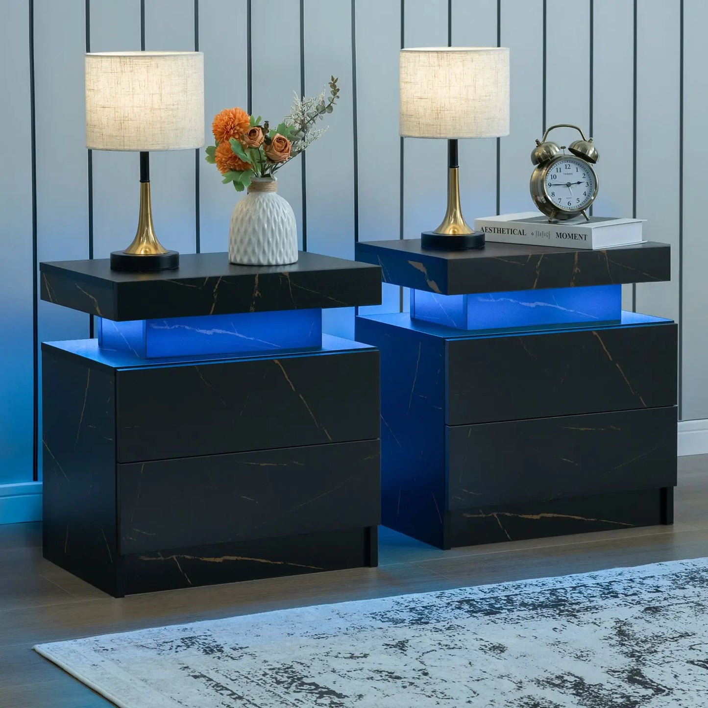 Cubehom Nightstand Set of 2 With LED Drawers Modern Bedside