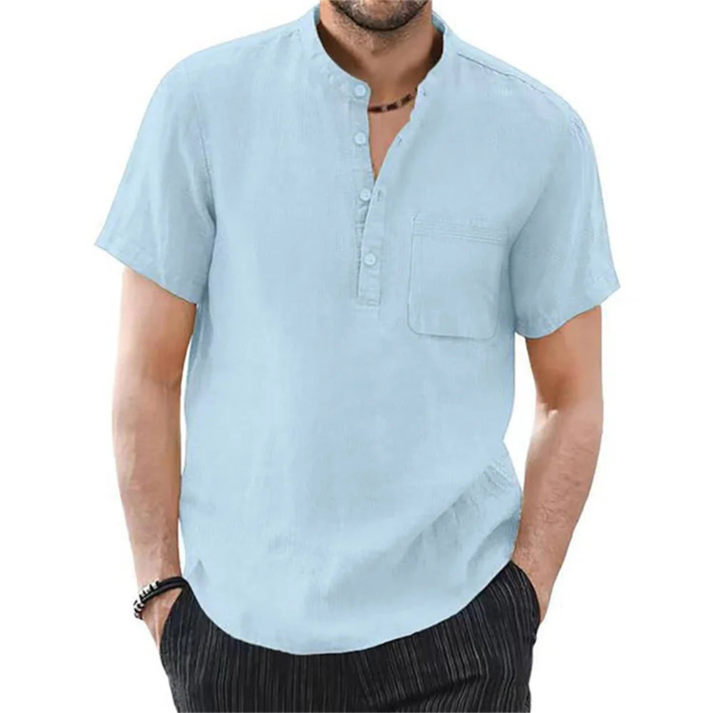 Men's Short Sleeve Cotton Linen T Shirt Casual Breathable Summer