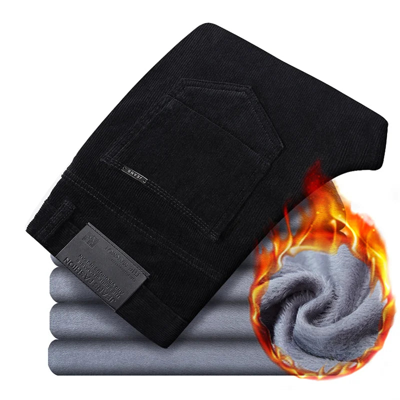 Winter New Men's Corduroy Fleece Casual Pants Warm Thick Classic Fashion Straight Plush Velvet Trousers Brand Clothing Male