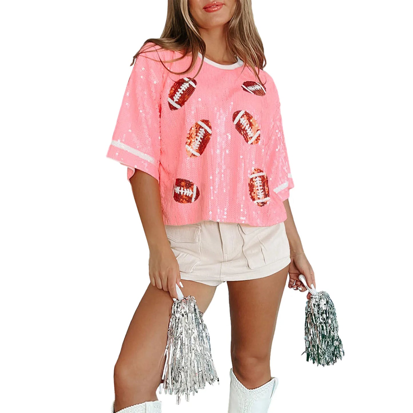 Hirigin Womens Sequins T Shirt Short Sleeve Rugby Print Top