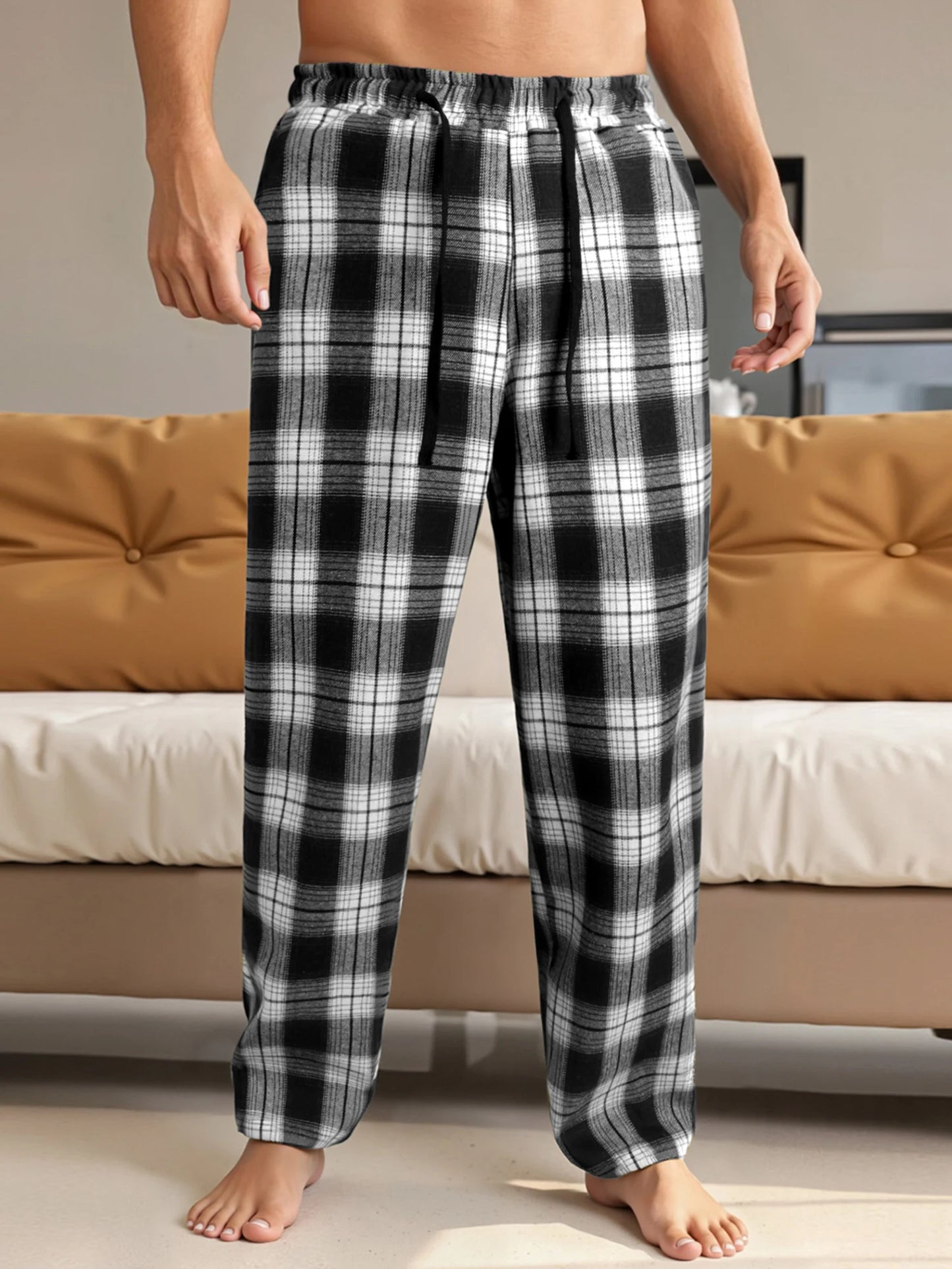 Men's Checkered Lounge Pants With Adjustable Drawstring Waistband