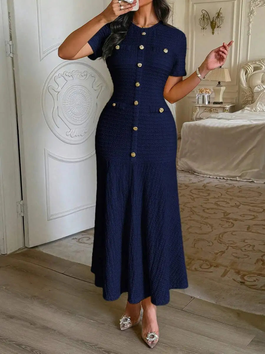 Textured Knit Dress With Front Buttons And Faux Pockets