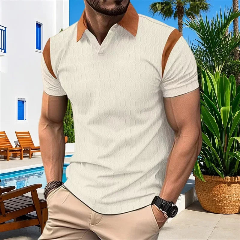 Men's Short Sleeve Jacquard Patchwork Tee With Turn-Down Collar