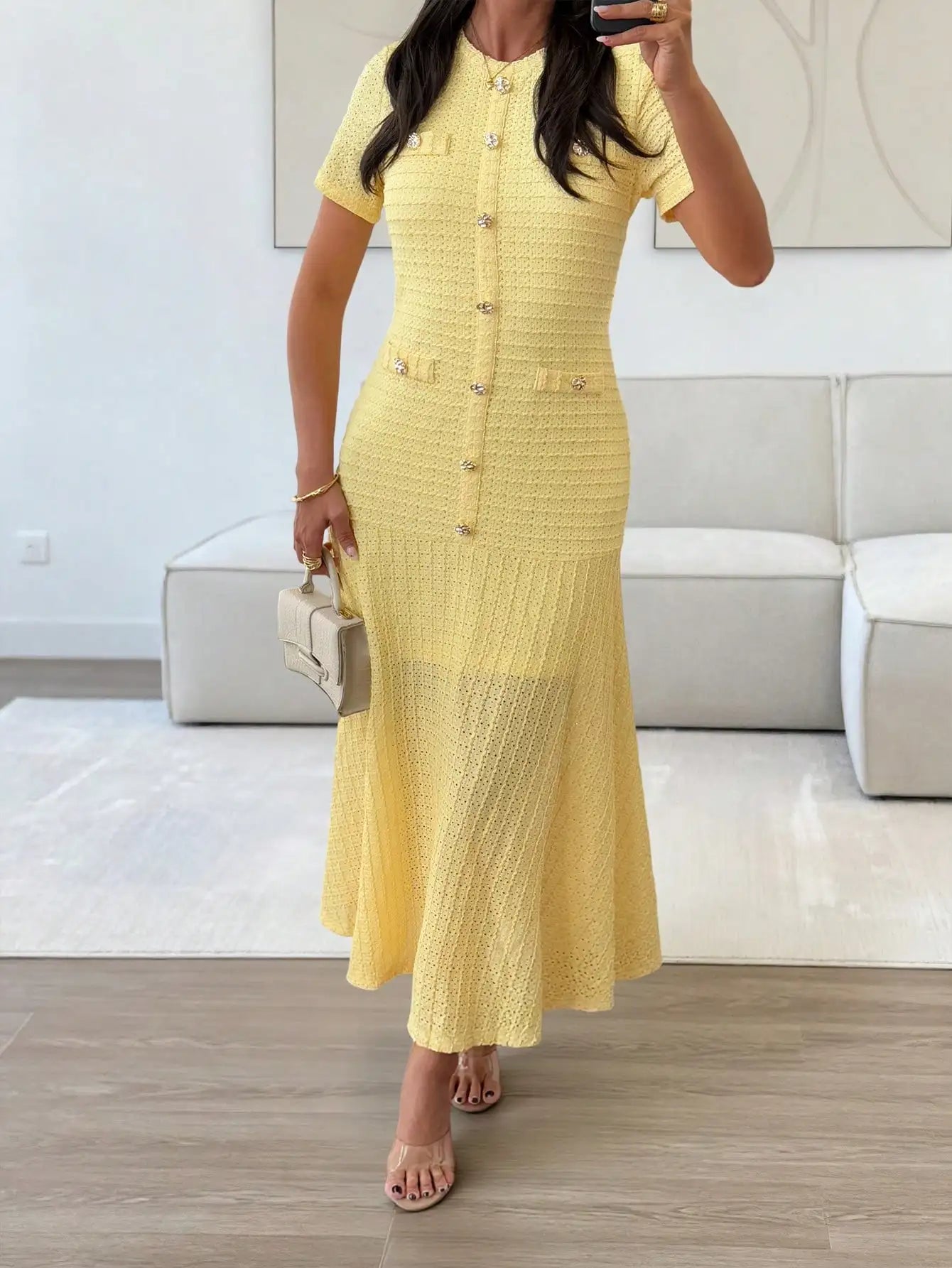 Textured Knit Dress With Front Buttons And Faux Pockets