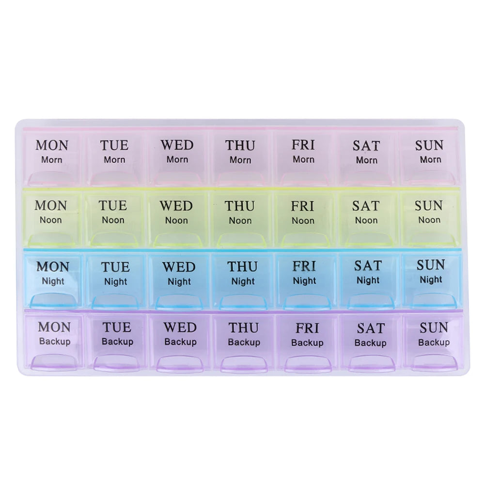 Portable 28 Compartment Weekly Medicine Pill Dispenser Case