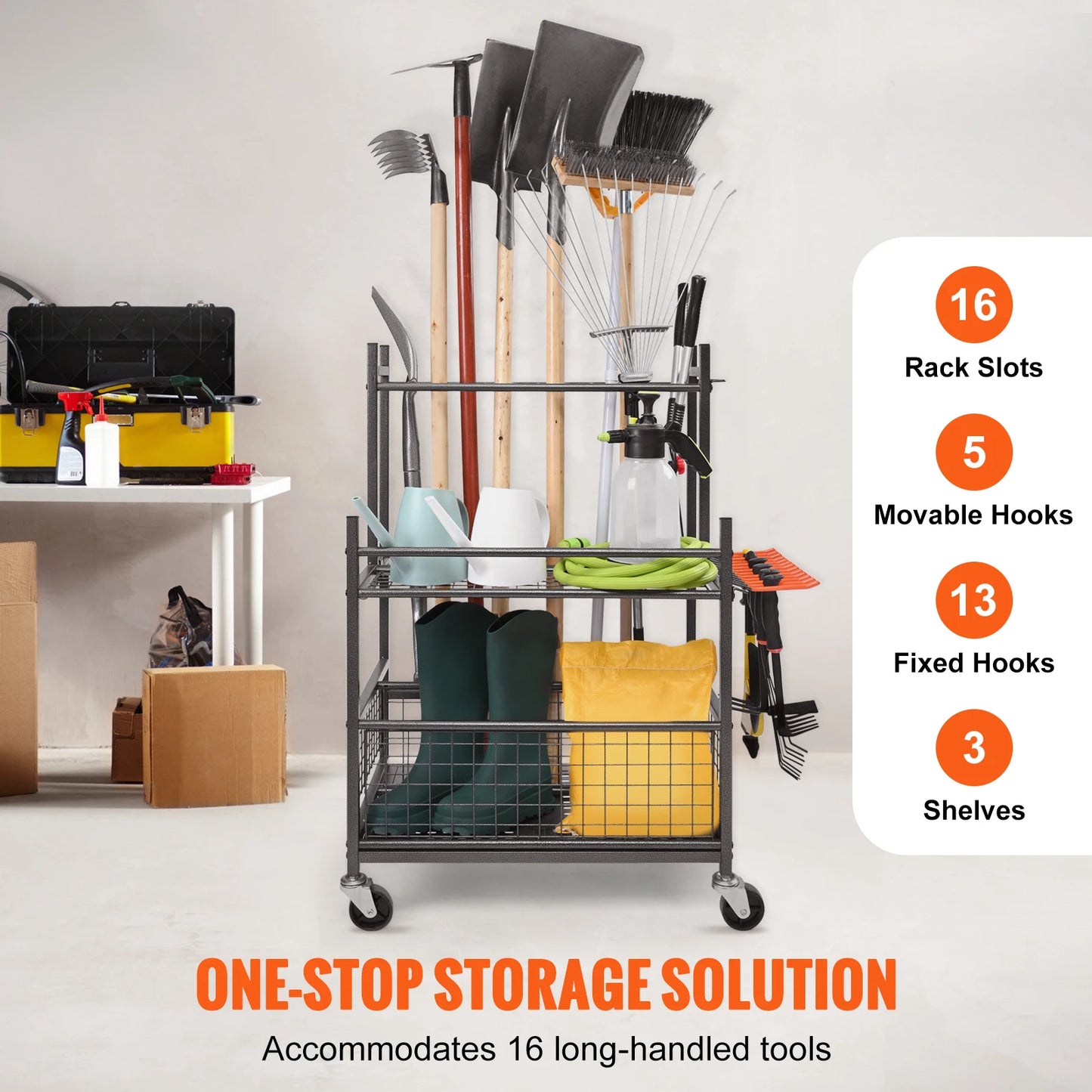 Garden Tool Organizer Rack With Hooks And Wheels Garage Storage