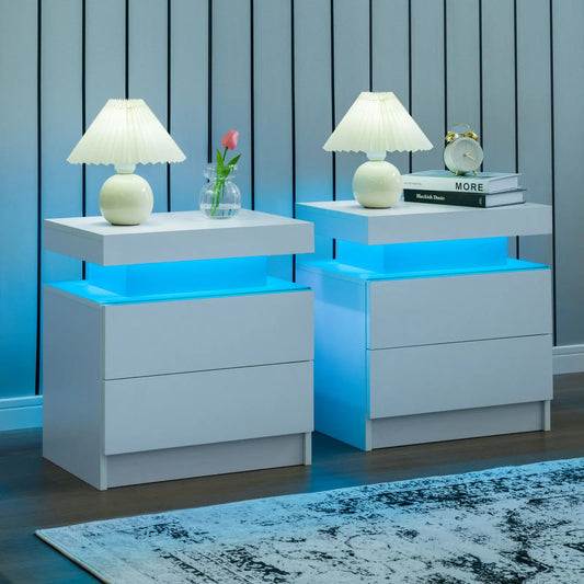 Cubehom Nightstand Set of 2 With LED Drawers Modern Bedside