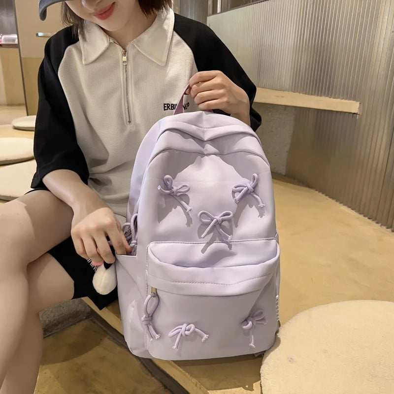 Fashion Bow Backpack Middle Shool Girls Backpack Multi-pockets Teenagers School Bag with Pendants Daily Knapsack Travel Backpack