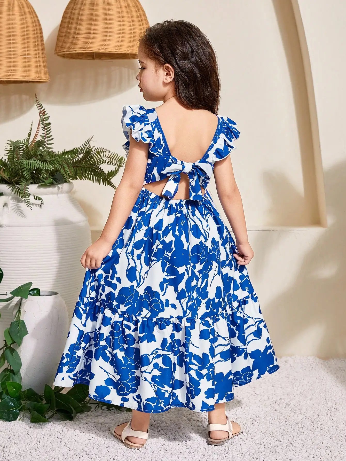 Girls Floral Print Ruffle Sleeve Bow Back Cutout Maxi Dress