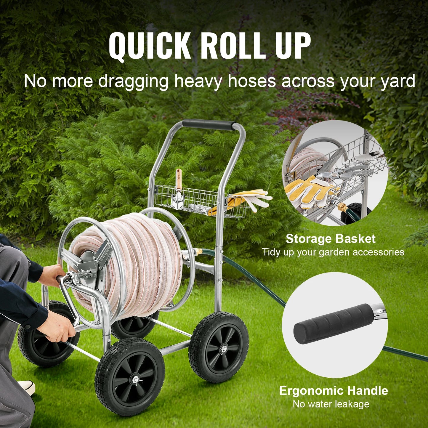 SucceBuy Hose Reel Cart 250ft Heavy Duty Garden Water Yard Planting w/ Basket Effortless Roll-up  Versatile Application Steel