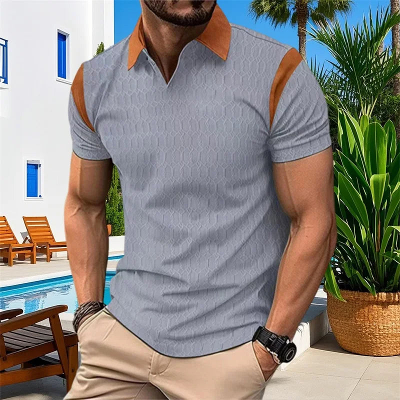 Men's Short Sleeve Jacquard Patchwork Tee With Turn-Down Collar