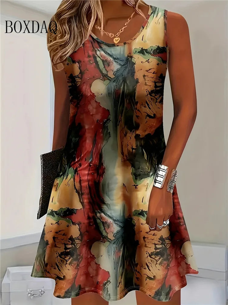 Women Bohemian Floral Print Summer Dress Sleeveless Knit