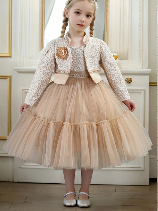 NONECN Girls Dress Set Floral Lace Coat Outfit for Princess