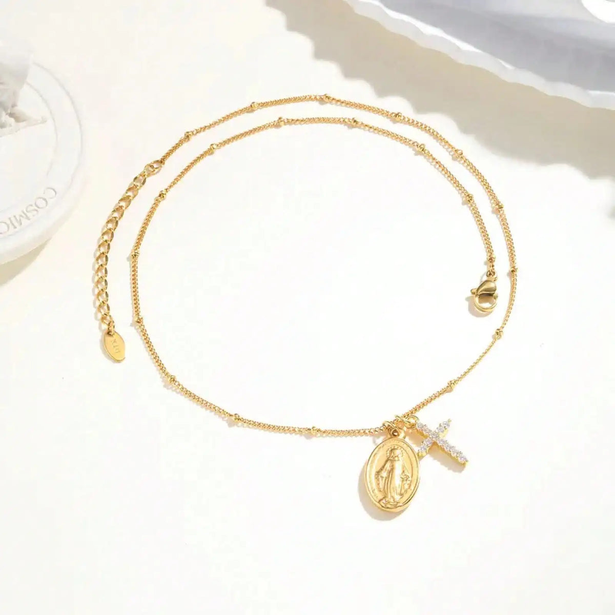 Cross Virgin Mary Pendant Necklace For Women,Stainless Steel Gold Plated Bead Chain Necklace, Religious Prayer Jewelry