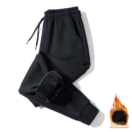 Casual Fleece Lined Drawstring Trousers Sporty Autumn Winter New Style Pure Black Warm Sweatpants Straight Fit for Men