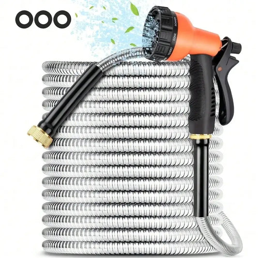 Garden Hose 50/100FT Stainless Steel Water Hose Spray Nozzle Heavy-Duty Metal Garden Hose Flexible