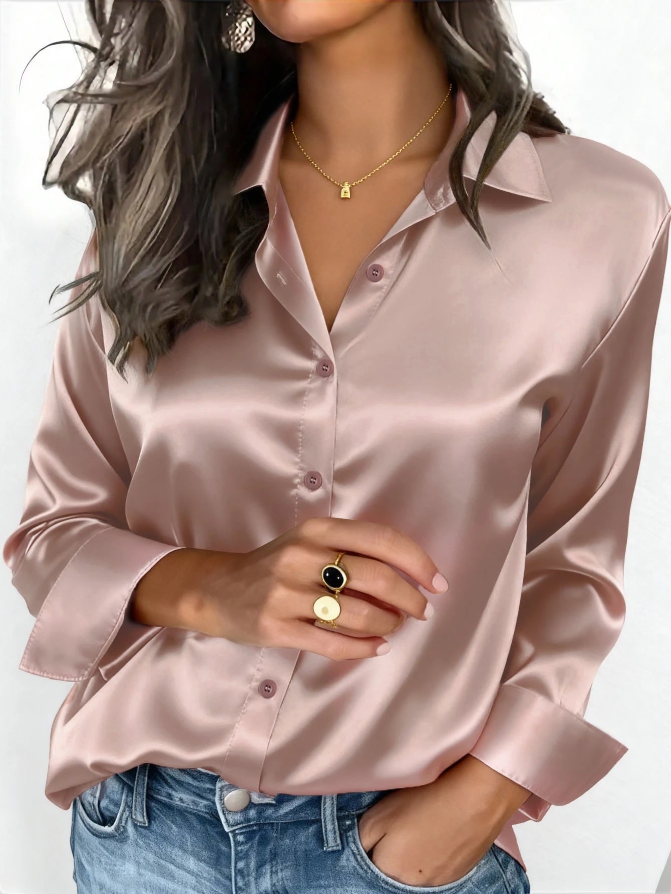 Womens Satin Button Up Blouse Office Or Casual Wear