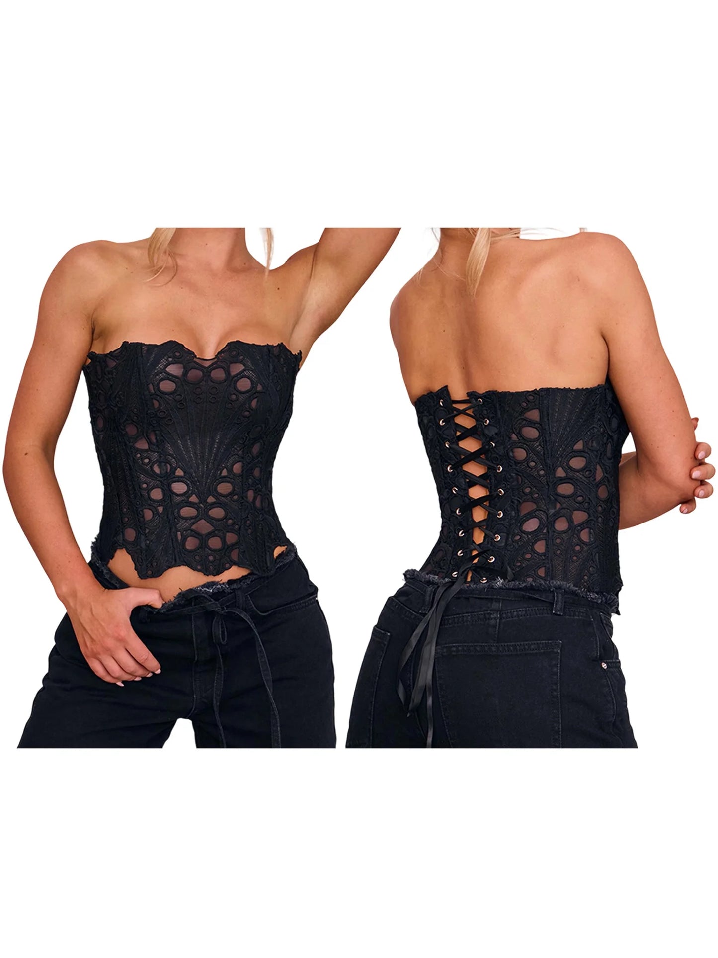 Hirigin Lace-Up Backless Bandeau Top With Irregular Cutouts