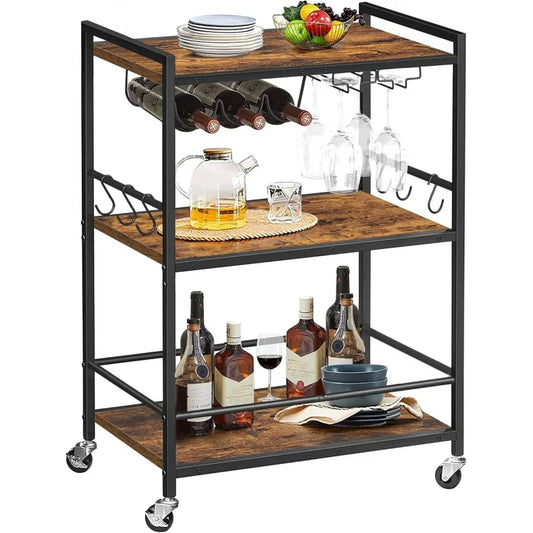 Home Bar Serving Cart With Wine Rack And Glass Holders