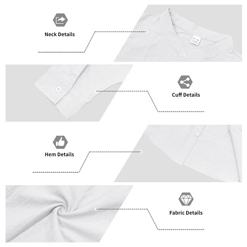 Men Linen Button Down Shirt With Mandarin Collar Long Sleeve Chest Pocket