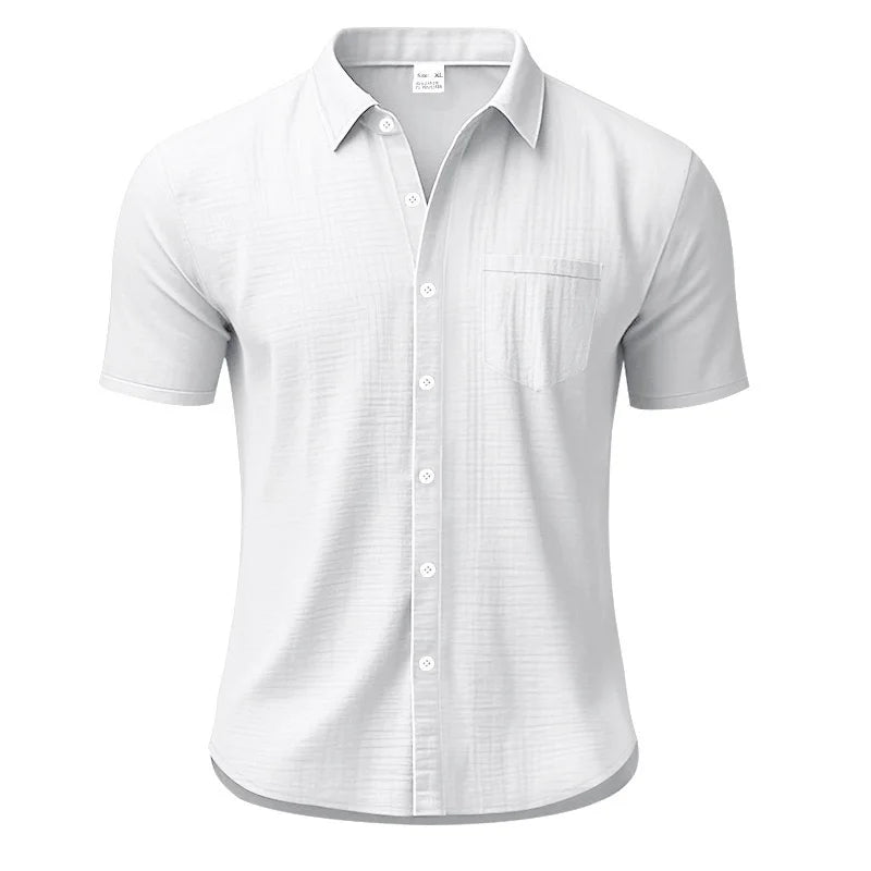 Men Slim Fit White Linen Short Sleeve Shirt Point Collar Chest Pocket Full Button Down Lightweight Textured Breathable Summer Business Casual Top