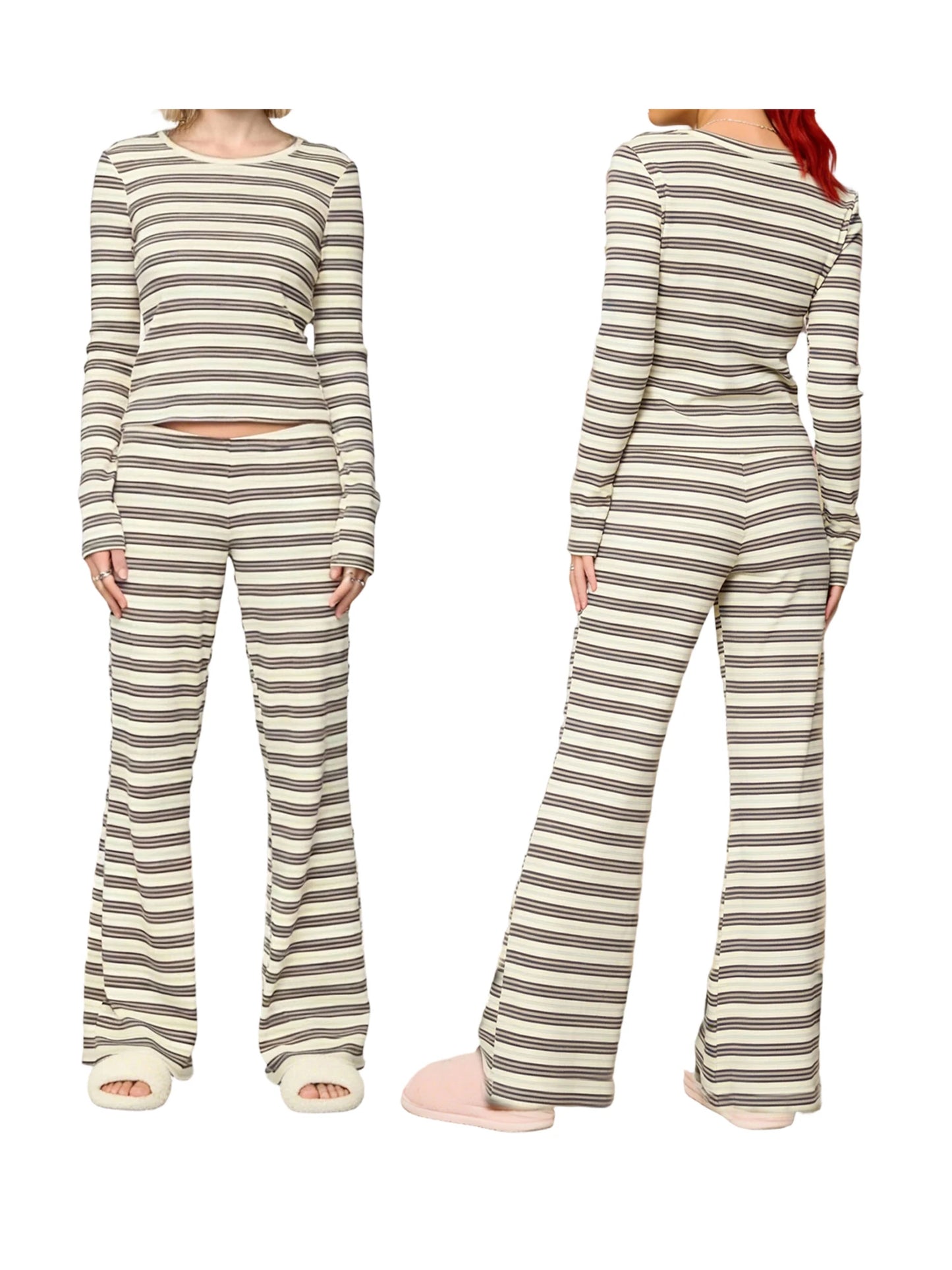 XBTCLXEBCOCN Womens Cozy Pajama Set With Striped Long Sleeve Top