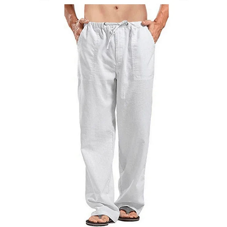 Mens Cotton Linen Pants Summer Breathable Trousers With Elastic Waist