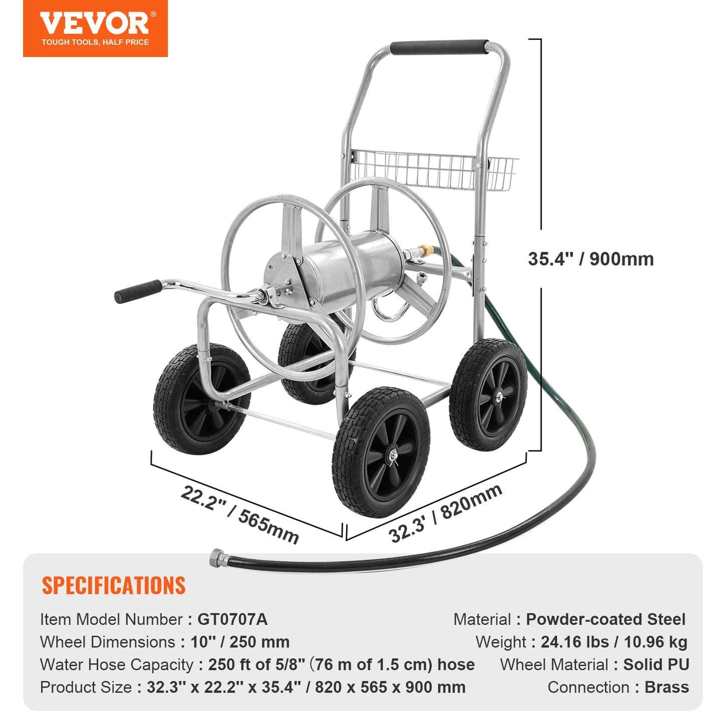 SucceBuy Hose Reel Cart 250ft Heavy Duty Garden Water Yard Planting w/ Basket Effortless Roll-up  Versatile Application Steel