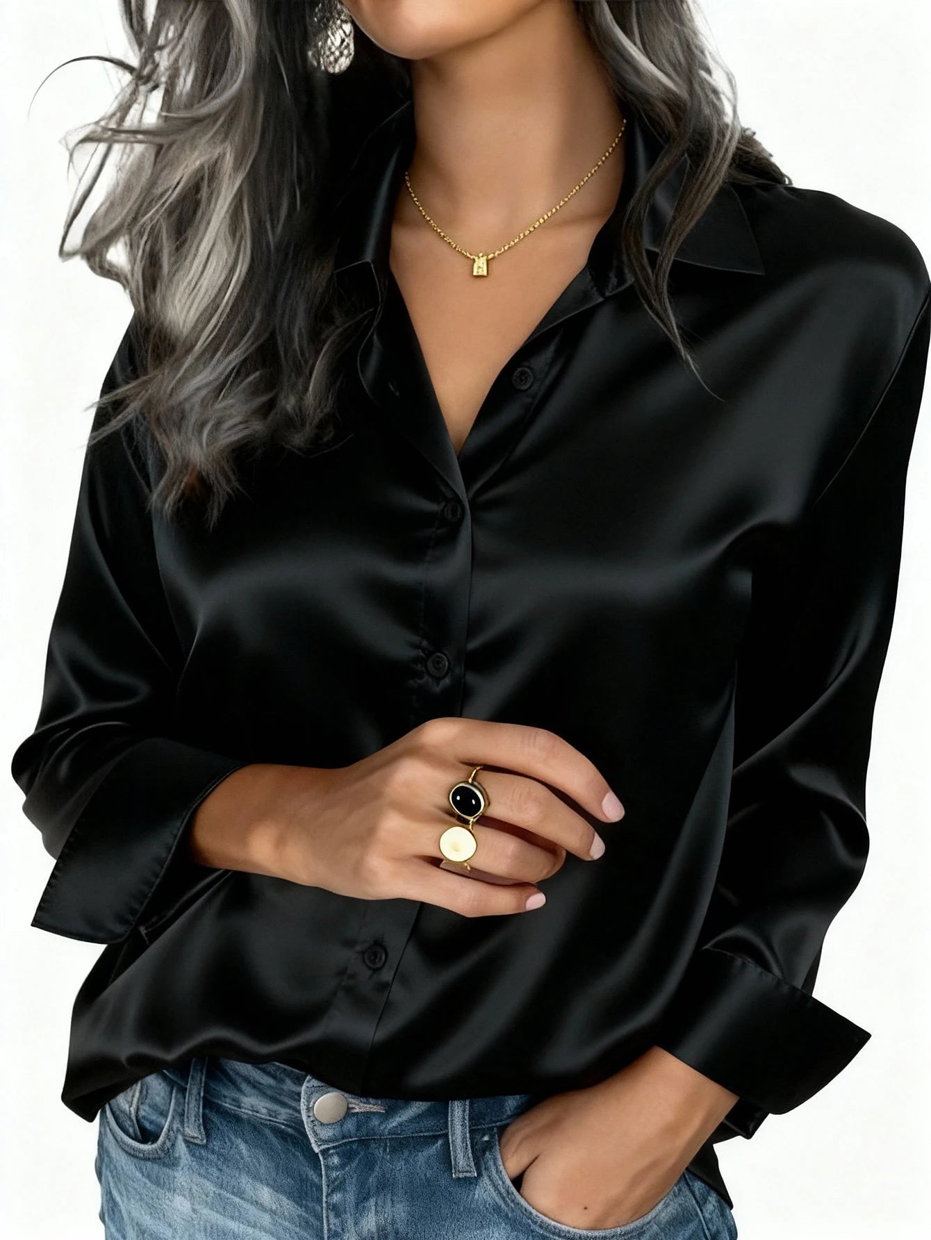 Womens Satin Button Up Blouse Office Or Casual Wear