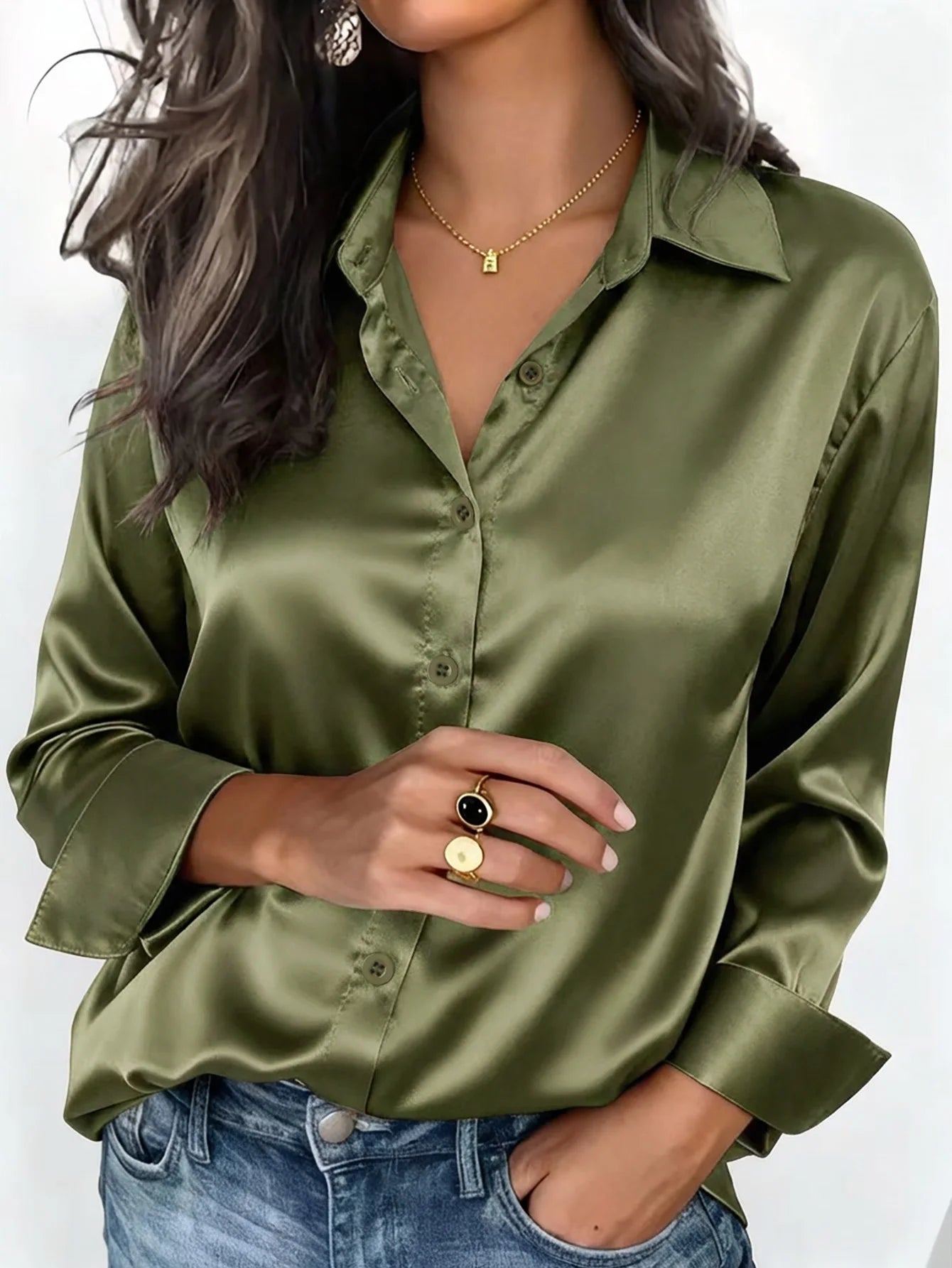 Womens Satin Button Up Blouse Office Or Casual Wear