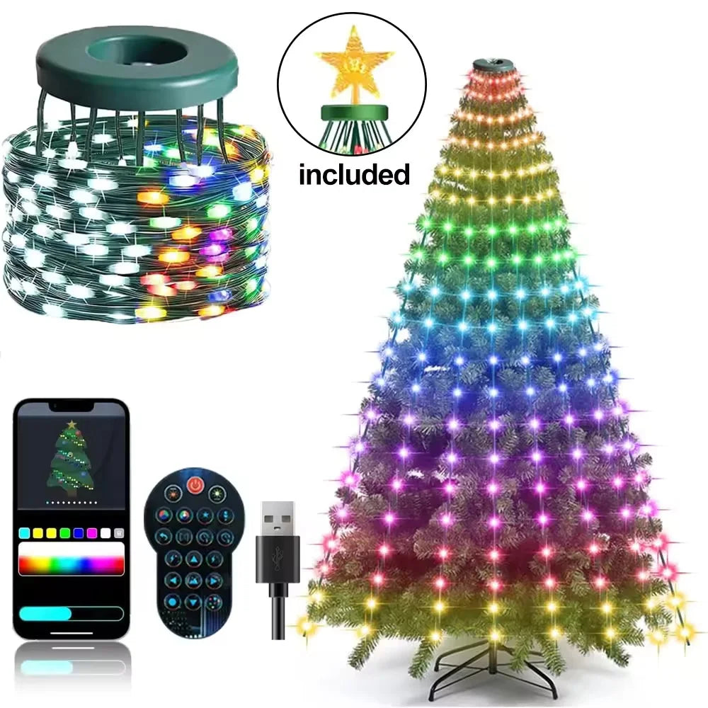 1.8CM/2.1CM RGB Christmas Tree Waterfall Lights With Star Topper,APP Remote Control LED String Lights Multicolor Fairy Light Indoor Outdoor