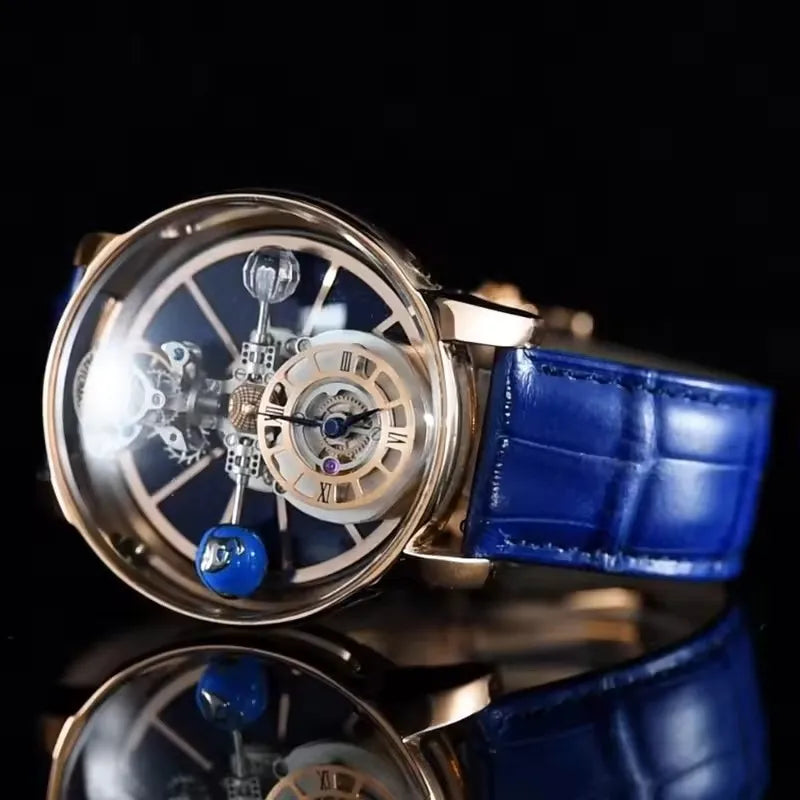 PINDU Transparent Hollow Celestial Roulette Quartz Leather Mens Watch