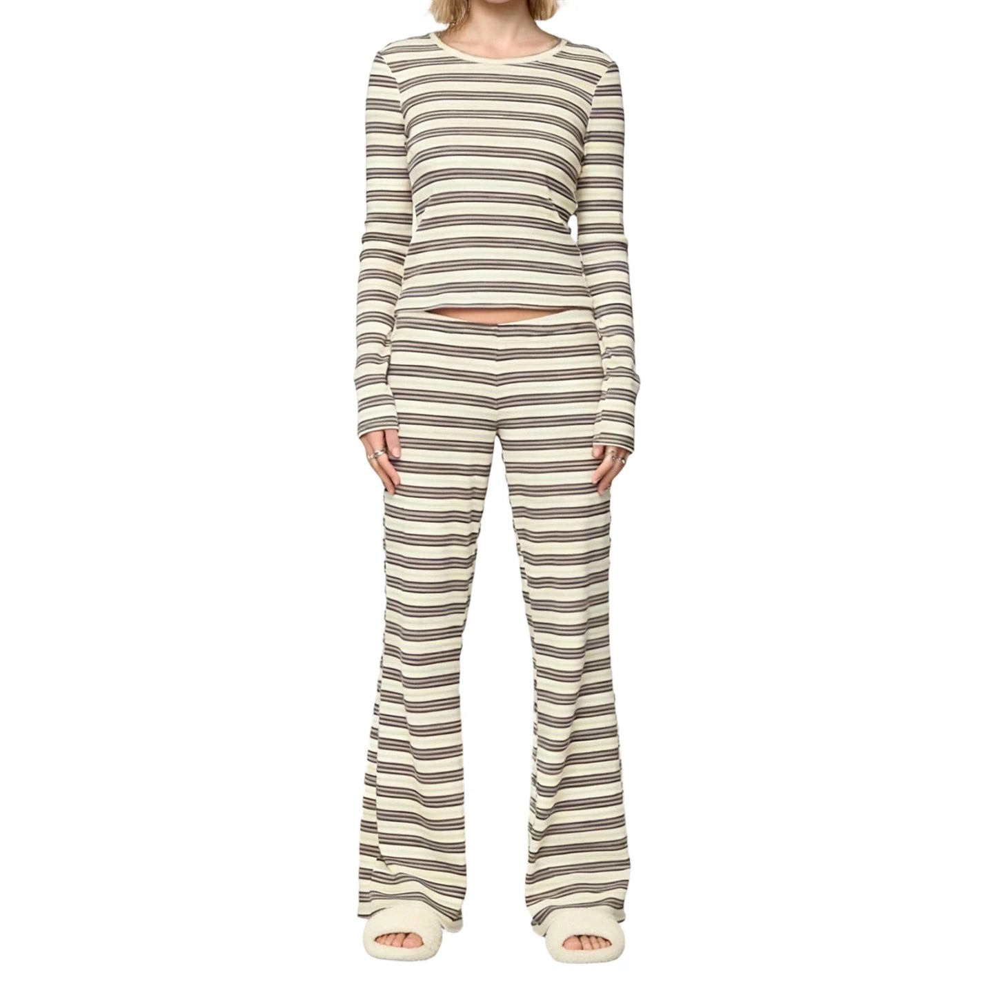 XBTCLXEBCOCN Womens Cozy Pajama Set With Striped Long Sleeve Top