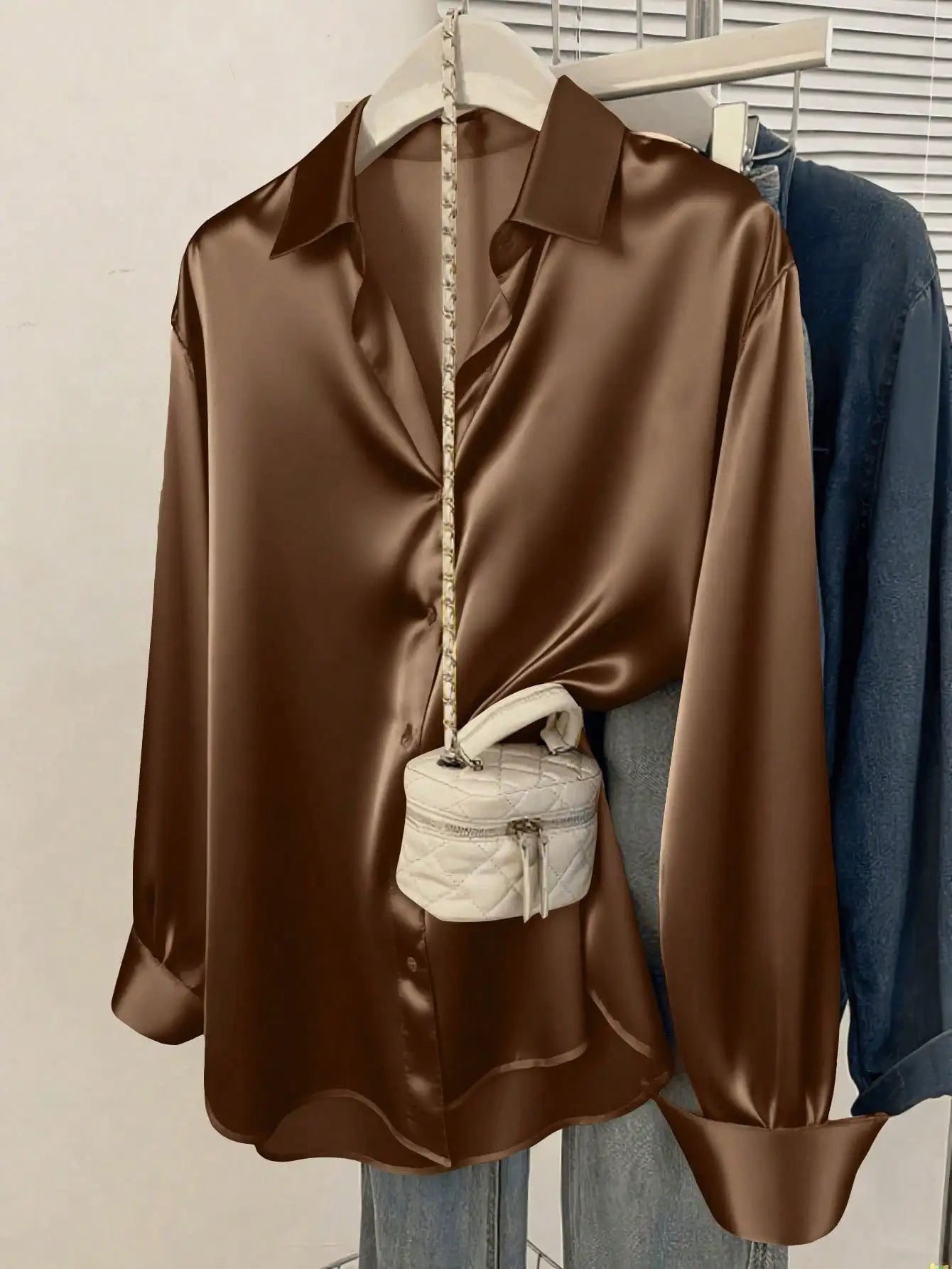 Womens Satin Button Up Blouse Office Or Casual Wear