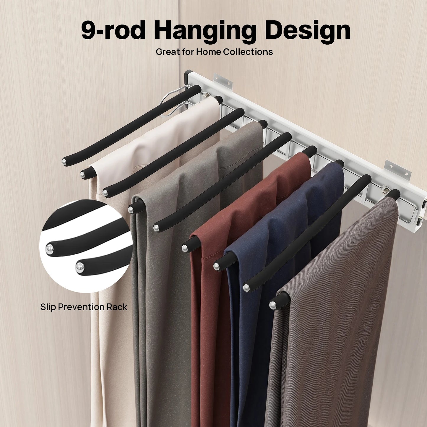 Bymaocar Pull Out Pants Rack 9 Rod Retractable Wardrobe Organizer